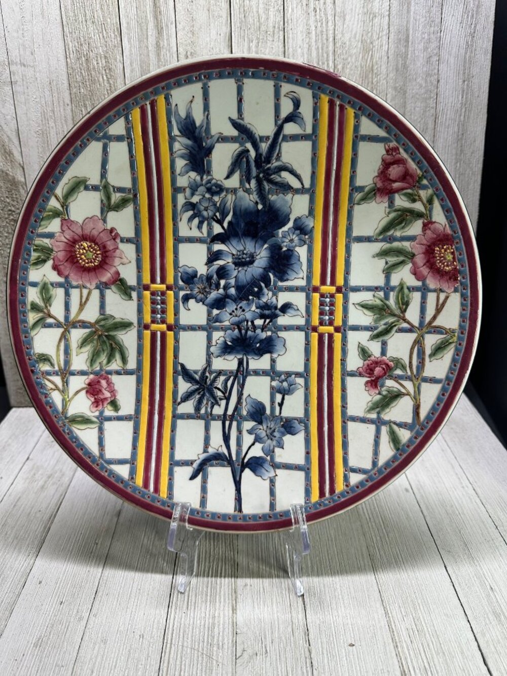 Vintage Oriental Accent Decorative Wall Plate Blue Pink Floral Design 12'' Round